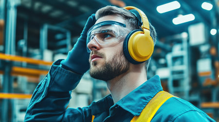 A factory worker wearing ear protection and gloves, ensuring safety in a noisy environmentの素材