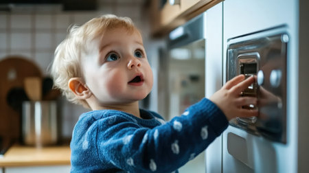 A child-proof lock on a kitchen cabinet, ensuring home safety for toddlersの素材