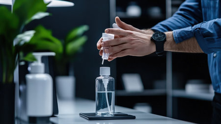 A person applying hand sanitizer in an office, representing hygiene and safetyの素材