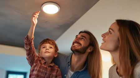 A family practicing fire safety by testing their smoke alarm at homeの素材