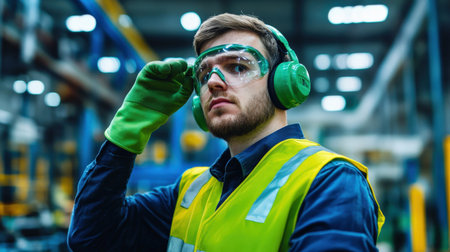 A factory worker wearing ear protection and gloves, ensuring safety in a noisy environmentの素材