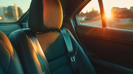 A close-up of a seatbelt being fastened in a car, symbolizing road safetyの素材