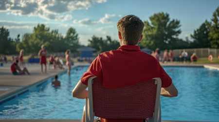 A lifeguard watching over a swimming pool from a lifeguard chair, ensuring swimmer safetyの素材