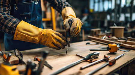 A person handling sharp tools in a workshop, using protective gloves and safety equipmentの素材