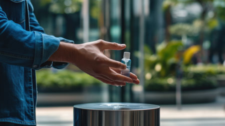 A person disinfecting their hands with sanitizer before entering a public building for hygiene safetyの素材