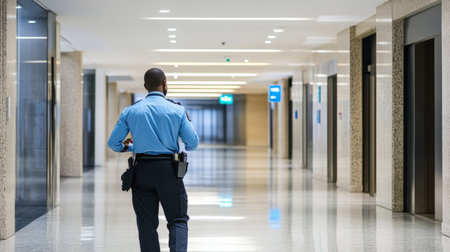 A security officer checking fire exit routes in a commercial building during a safety inspectionの素材
