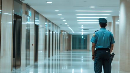 A security officer checking fire exit routes in a commercial building during a safety inspectionの素材