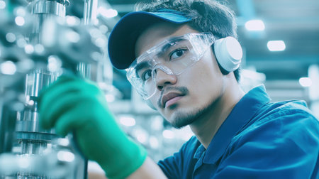 A factory worker using earplugs and gloves while operating loud machinery, ensuring safetyの素材