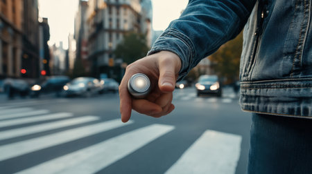 A close-up of a pedestrian pushing the crosswalk button, ensuring safe passage across the streetの素材
