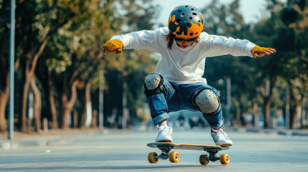 A person wearing a helmet and knee pads while riding a skateboard, following safety precautionsの素材