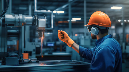 A factory worker using earplugs and gloves while operating loud machinery, ensuring safetyの素材