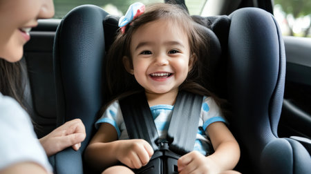 A child sitting in a properly installed car seat, with a parent ensuring all straps are secureの素材