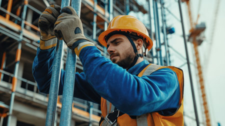 A construction worker ensuring that all scaffolding is properly secured before climbingの素材