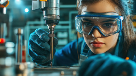 A close-up of a person wearing gloves and goggles while using a drill in a workshopの素材