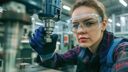 A close-up of a person wearing gloves and goggles while using a drill in a workshopの素材