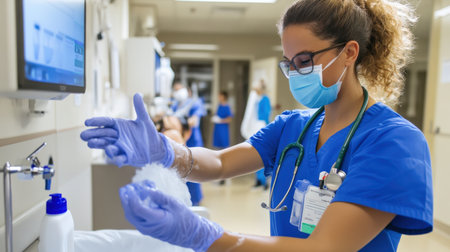 A healthcare worker explaining hygiene safety procedures, like handwashing, to a patientの素材