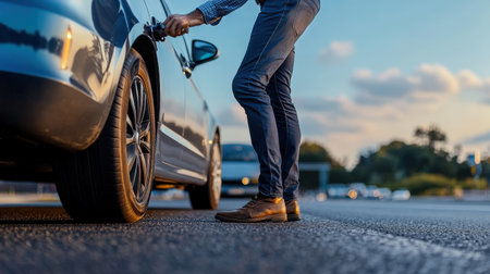 A driver checking their tire pressure before a road trip, following road safety guidelinesの素材