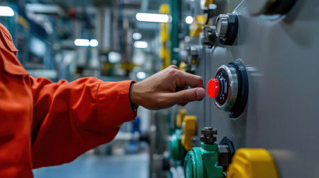 A close-up of a person pressing the emergency stop button on industrial equipmentの素材