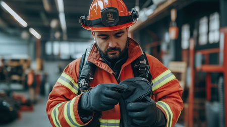 A firefighter checking safety equipment before responding to a fire emergency callの素材