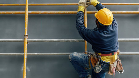A construction worker ensuring that all scaffolding is properly secured before climbingの素材