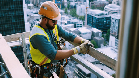 A construction worker ensuring that all scaffolding is properly secured before climbingの素材