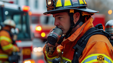 A firefighter checking safety equipment before responding to a fire emergency callの素材