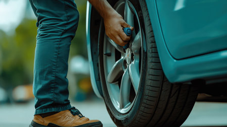 A driver checking their tire pressure before a road trip, following road safety guidelinesの素材