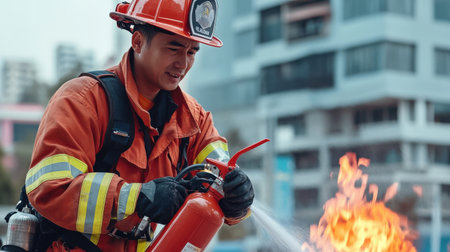 A firefighter demonstrating fire safety by showing how to use a fire extinguisherの素材