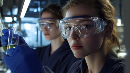 A group of workers wearing safety goggles and gloves in a chemical lab, ensuring protectionの素材