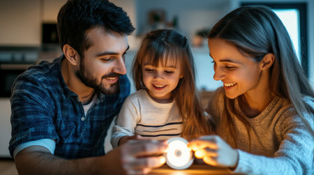 A family practicing fire safety by testing their smoke alarm at homeの素材