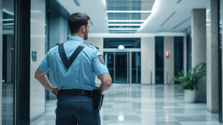 A security officer checking fire exit routes in a commercial building during a safety inspectionの素材