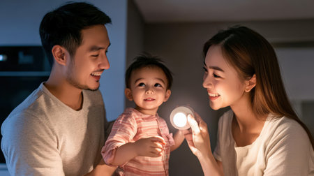 A family practicing fire safety by testing their smoke alarm at homeの素材