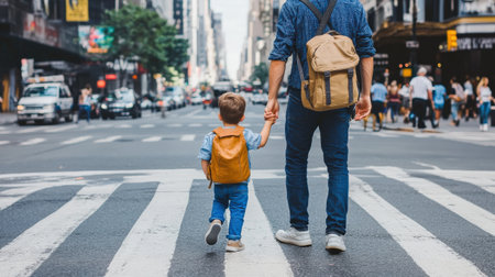 A parent holding their child hand while crossing the street safely in a busy urban areaの素材