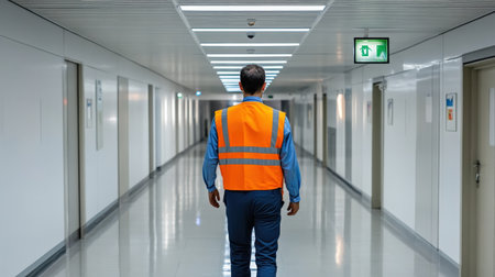 A safety officer inspecting emergency exit signs and paths in an office buildingの素材