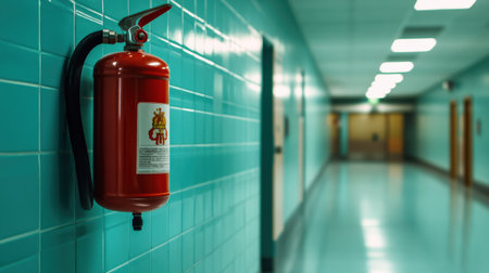 A close-up of a fire extinguisher mounted on the wall in a public buildingの素材