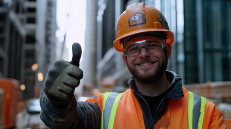 A construction worker giving a thumbs-up after securing safety barriers around a work zoneの素材
