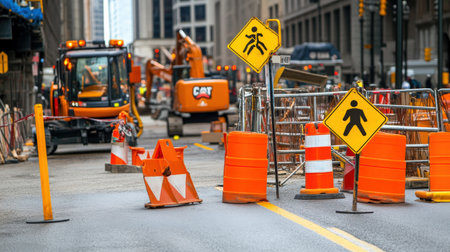 A construction site with caution signs and barriers, highlighting the importance of safetyの素材