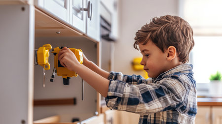 A close-up of a person installing child-proof locks on cabinets in the kitchen for home safetyの素材