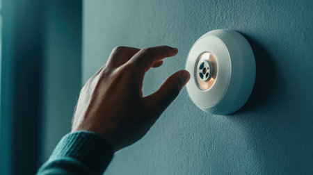A person checking a fire alarm in their home, ensuring it functioning properly for fire safetyの素材