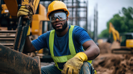 A worker carefully operating heavy machinery while wearing safety gear on-siteの素材