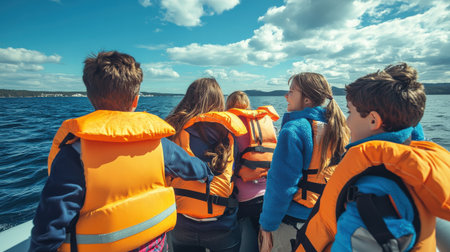 A group of friends wearing life jackets before boarding a boat, ensuring safety on the waterの素材