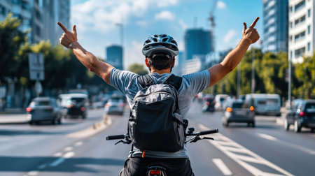 A cyclist using hand signals to indicate turns, promoting road safety for everyoneの素材