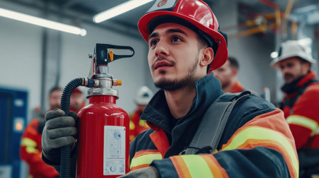 A firefighter demonstrating fire safety by showing how to use a fire extinguisherの素材