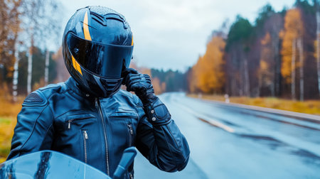 A motorcyclist fastening their helmet before riding, promoting road safety precautionsの素材