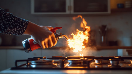 A person using a kitchen fire extinguisher to put out a small stove fire, showcasing home safetyの素材