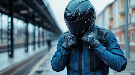 A motorcyclist fastening their helmet before riding, promoting road safety precautionsの素材