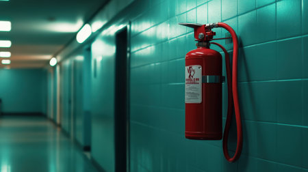 A close-up of a fire extinguisher mounted on the wall in a public buildingの素材