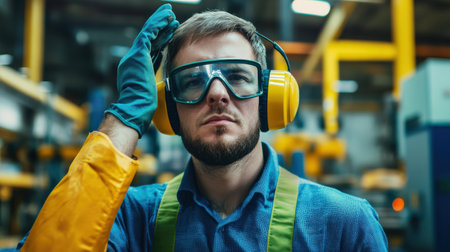 A factory worker wearing ear protection and gloves, ensuring safety in a noisy environmentの素材