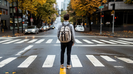 A pedestrian using a crosswalk while looking both ways for traffic, showcasing road safetyの素材