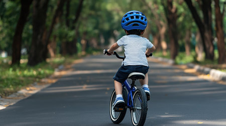 A child wearing a bicycle helmet while riding in a park, showcasing safety precautionsの素材